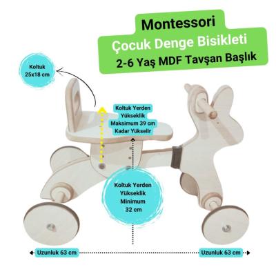 Montessori Çocuk Denge Bisikleti 2-6 Yaş | MDF Tavşan Başlıklı Tasarım