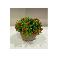 Dekoratif Taş Görünümlü Saksıda Kırmızı Çiçekli Yapay Bitki - Masaüstü Dekoratif Çiçek (17x13 cm)