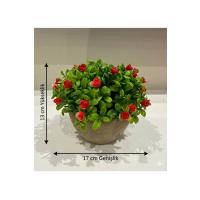 Dekoratif Taş Görünümlü Saksıda Kırmızı Çiçekli Yapay Bitki - Masaüstü Dekoratif Çiçek (17x13 cm)