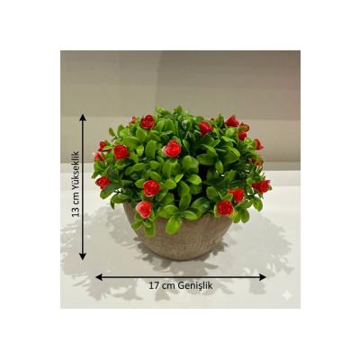Dekoratif Taş Görünümlü Saksıda Kırmızı Çiçekli Yapay Bitki - Masaüstü Dekoratif Çiçek (17x13 cm)