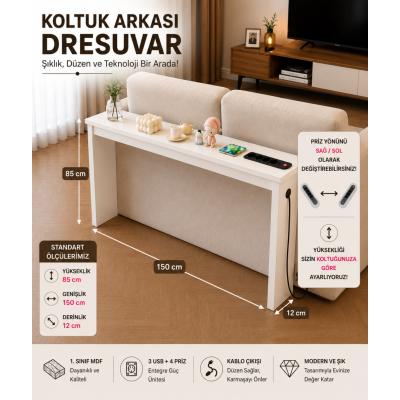 Café Royale Vintage & USB-Tech Konsol Raf - 3 USB + 4 Priz Girişli MDF Koltuk Arkası Raf Beyaz 100x85x12