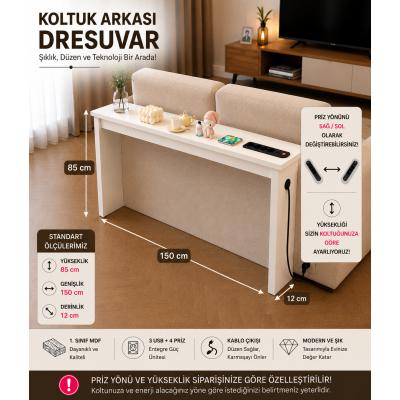 Café Royale Vintage & USB-Tech Konsol Raf - 3 USB + 4 Priz Girişli MDF Koltuk Arkası Raf Beyaz 150x85x12