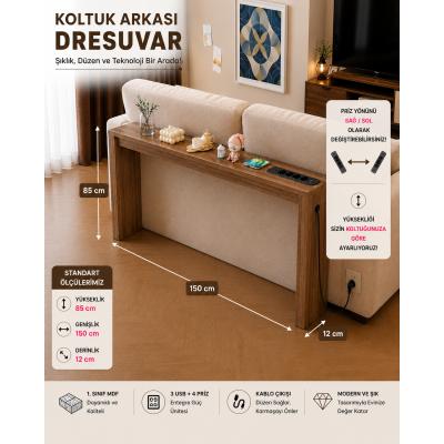 Café Royale Vintage & USB-Tech Konsol Raf - 3 USB + 4 Priz Girişli MDF Koltuk Arkası Raf Ceviz 150x85x12