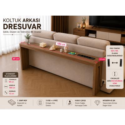 Café Royale Vintage & USB-Tech Konsol Raf - 3 USB + 4 Priz Girişli MDF Koltuk Arkası Raf Ceviz 180x85x12
