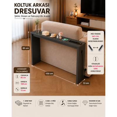 Café Royale Vintage & USB-Tech Konsol Raf - 3 USB + 4 Priz Girişli MDF Koltuk Arkası Raf Antrasit 150x85x12