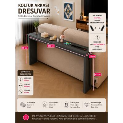 Café Royale Vintage & USB-Tech Konsol Raf - 3 USB + 4 Priz Girişli MDF Koltuk Arkası Raf Antrasit 180x85x12
