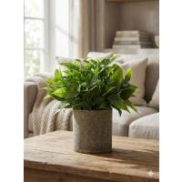 Dekoratif Eskitme Gri Saksıda Gerçekçi Yapay Yeşil Bitki - Modern Masa ve Raf Çiçeği (24x18 cm)