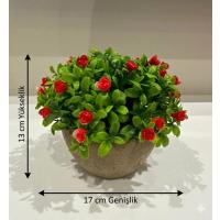 Dekoratif Taş Görünümlü Saksıda Kırmızı Çiçekli Yapay Bitki - Masaüstü Dekoratif Çiçek (17x13 cm)