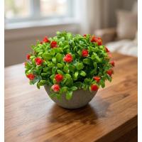 Dekoratif Taş Görünümlü Saksıda Kırmızı Çiçekli Yapay Bitki - Masaüstü Dekoratif Çiçek (17x13 cm)