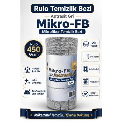 FB Cup (20'li Rulo) Mikro-Fb Çok Amaçlı %100 Mikrofiber Temizlik Bezi 25X32 Kopart Kullan(Antrasit Gri)