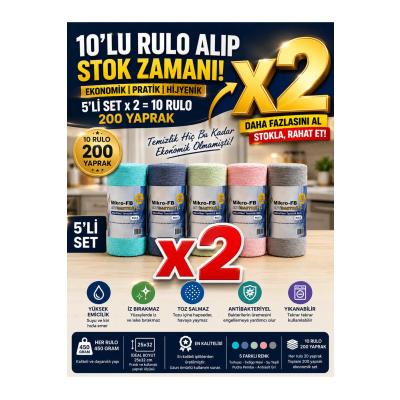 Mikro-FB 10’lu Mikrofiber Rulo Temizlik Bezi Seti – 200 Yaprak, 25x32 cm, 450 g/Rulo, 5 Renk x 2