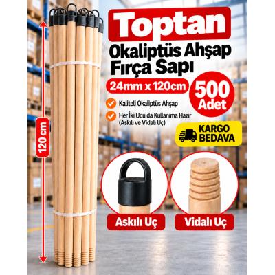 Toptan Okaliptüs Ahşap Fırça Sapı (120 cm) – Vidalı ve Askılı Başlık (500 Adet)